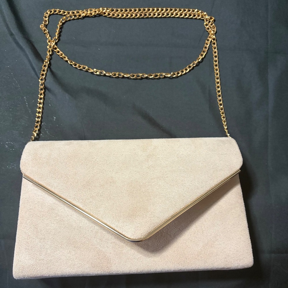 DASEIN Beige Envelope Clutch Gold Chain Strap Evening Bag Wedding Formal Purse